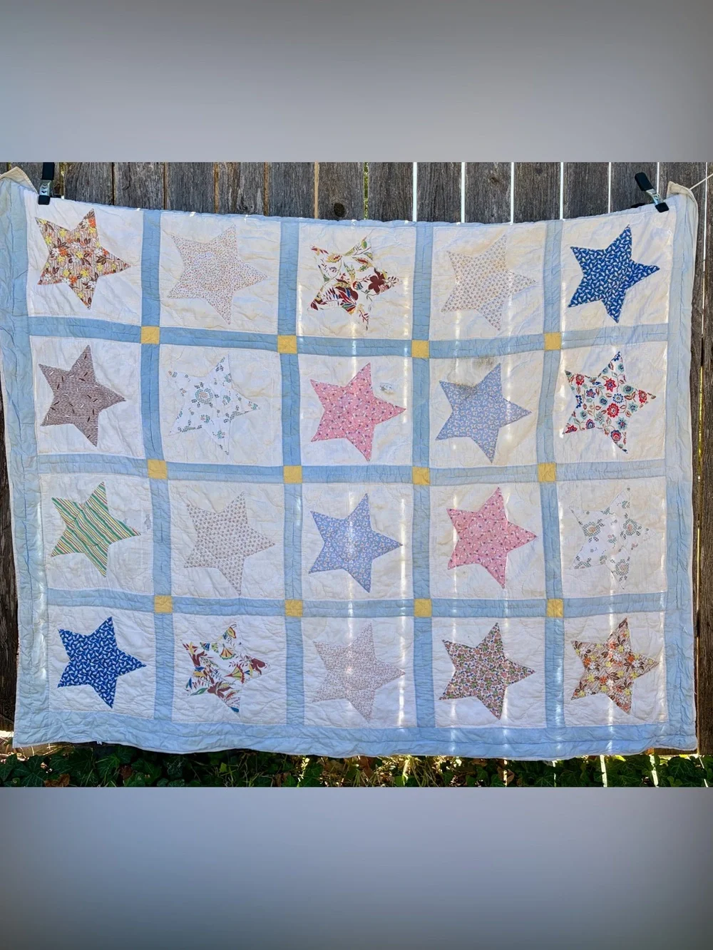 Antique Handmade Patchwork Star Quilt in Blue, Pink, & Yellow-62x78”